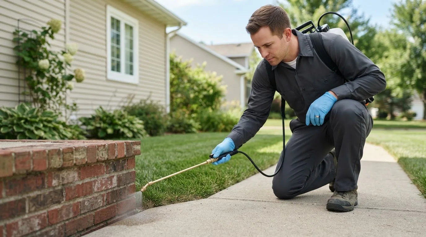 Pest control technician treating a home near Selby, SD